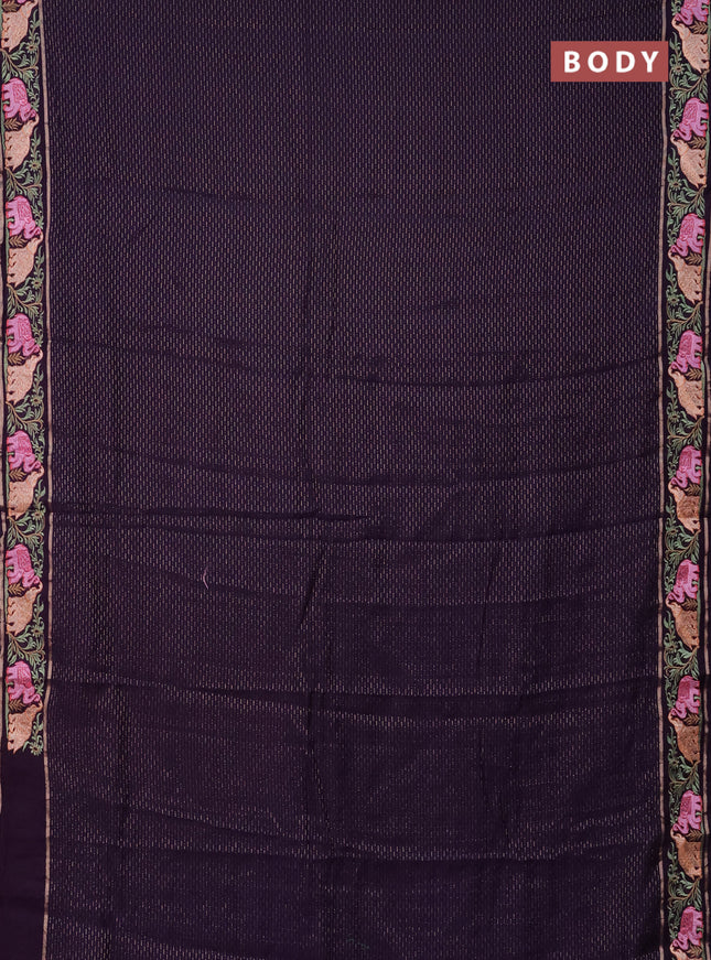 Semi chanderi saree deep violet with allover zari weaves and floral embroidery border