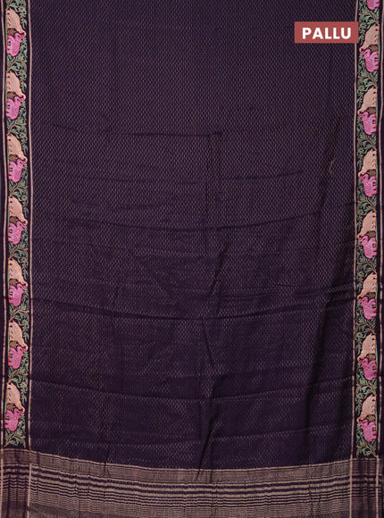 Semi chanderi saree deep violet with allover zari weaves and floral embroidery border