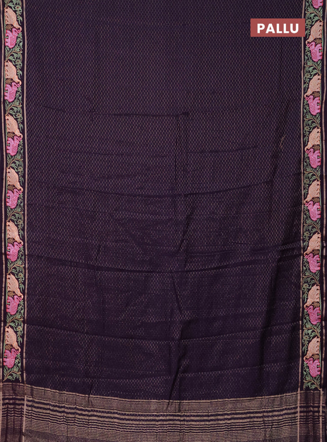 Semi chanderi saree deep violet with allover zari weaves and floral embroidery border