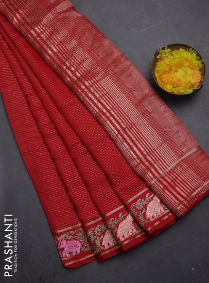 Semi chanderi saree red with allover zari weaves and floral embroidery border