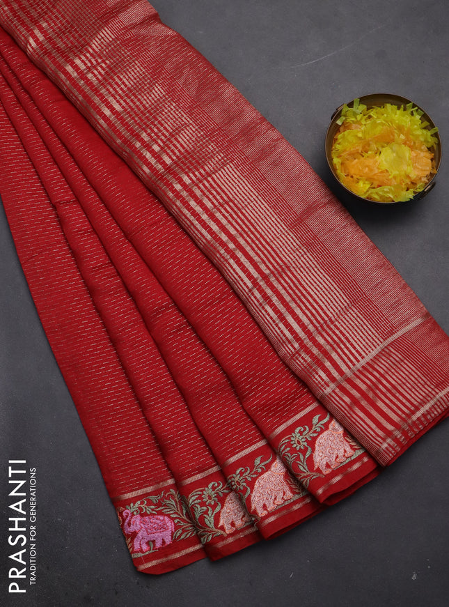 Semi chanderi saree red with allover zari weaves and floral embroidery border