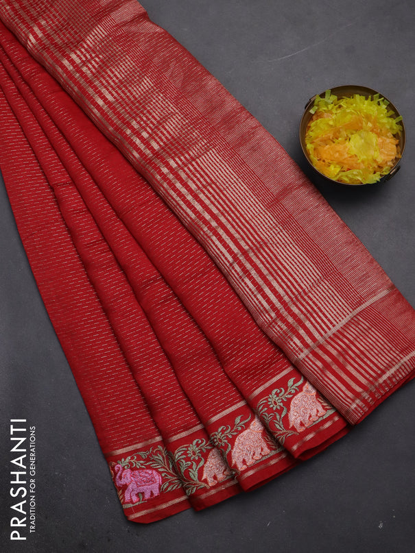 Semi chanderi saree red with allover zari weaves and floral embroidery border