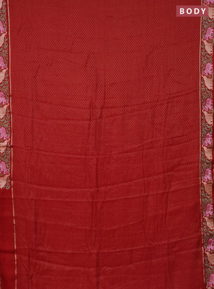 Semi chanderi saree red with allover zari weaves and floral embroidery border