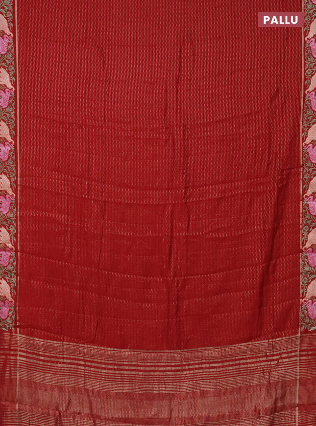 Semi chanderi saree red with allover zari weaves and floral embroidery border