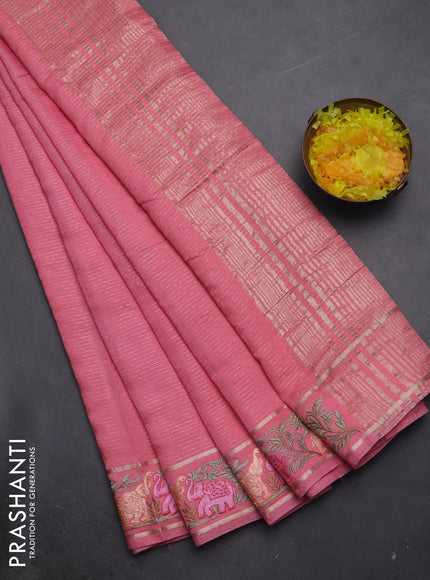 Semi chanderi saree peach pink with allover zari weaves and floral embroidery border