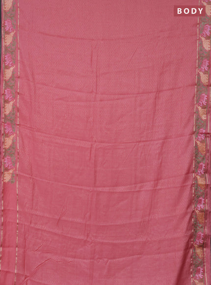 Semi chanderi saree peach pink with allover zari weaves and floral embroidery border