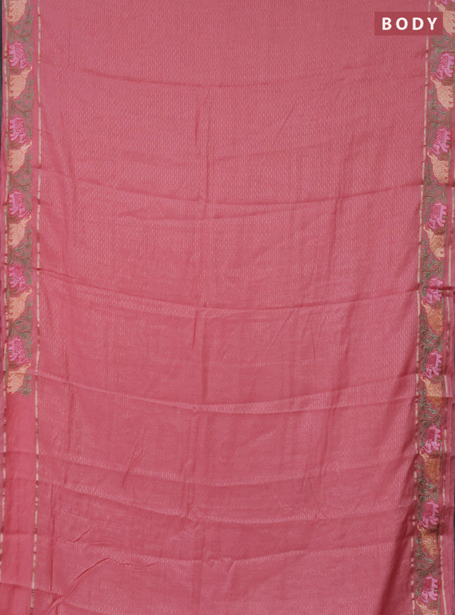 Semi chanderi saree peach pink with allover zari weaves and floral embroidery border