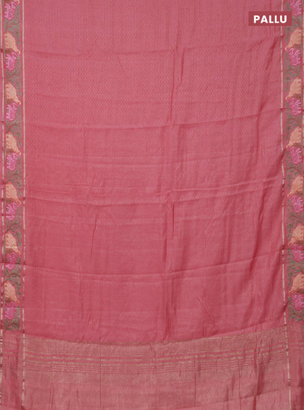 Semi chanderi saree peach pink with allover zari weaves and floral embroidery border