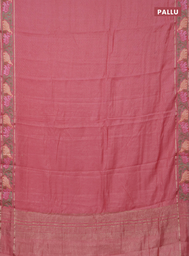 Semi chanderi saree peach pink with allover zari weaves and floral embroidery border