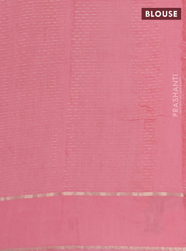 Semi chanderi saree peach pink with allover zari weaves and floral embroidery border