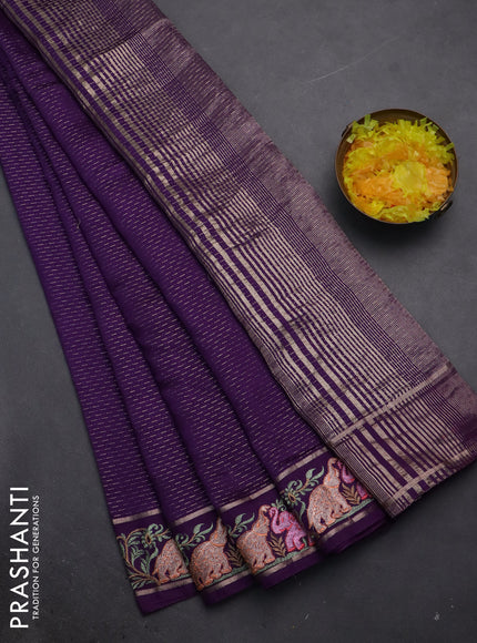 Semi chanderi saree violet with allover zari weaves and floral embroidery border