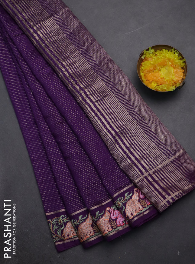 Semi chanderi saree violet with allover zari weaves and floral embroidery border