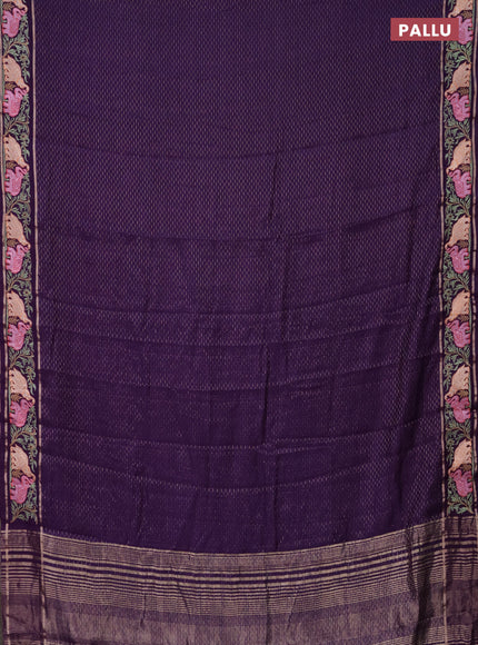 Semi chanderi saree violet with allover zari weaves and floral embroidery border