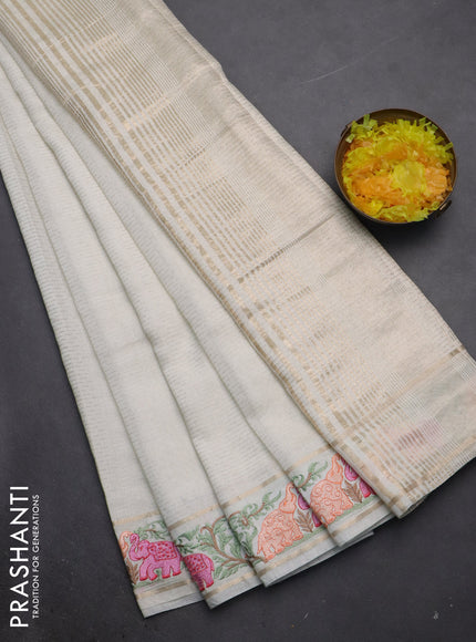 Semi chanderi saree off white with allover zari weaves and floral embroidery border