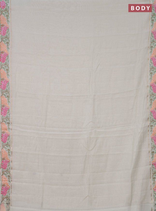 Semi chanderi saree off white with allover zari weaves and floral embroidery border