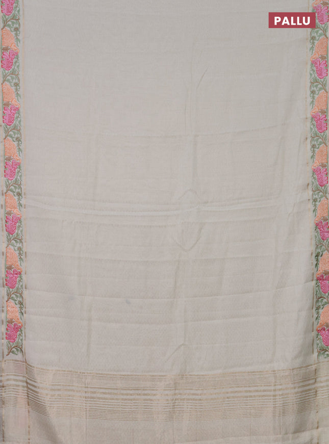 Semi chanderi saree off white with allover zari weaves and floral embroidery border