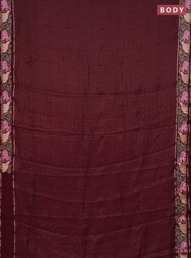 Semi chanderi saree deep maroon with allover zari weaves and floral embroidery border