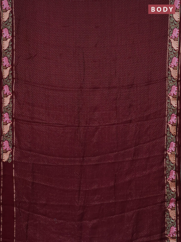 Semi chanderi saree deep maroon with allover zari weaves and floral embroidery border