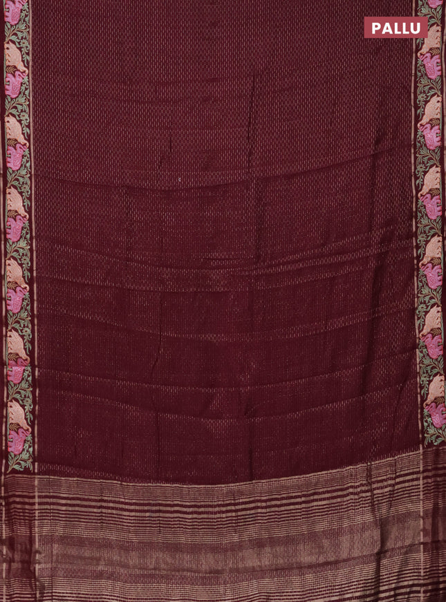 Semi chanderi saree deep maroon with allover zari weaves and floral embroidery border