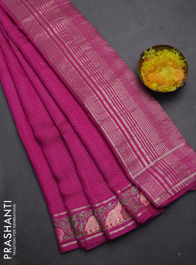 Semi chanderi saree pink with allover zari weaves and floral embroidery border