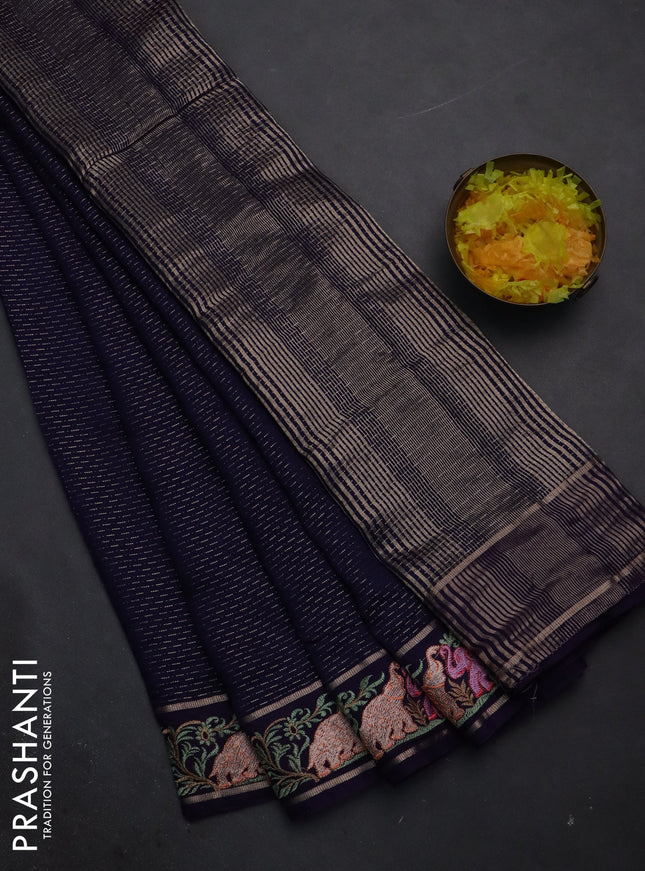 Semi chanderi saree dark blue with allover zari weaves and floral embroidery border