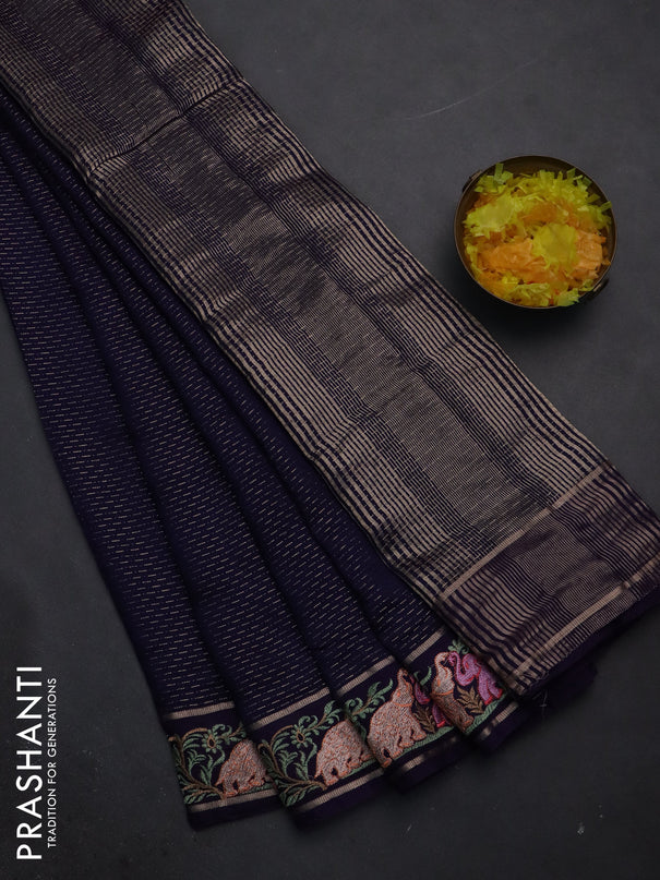 Semi chanderi saree dark blue with allover zari weaves and floral embroidery border