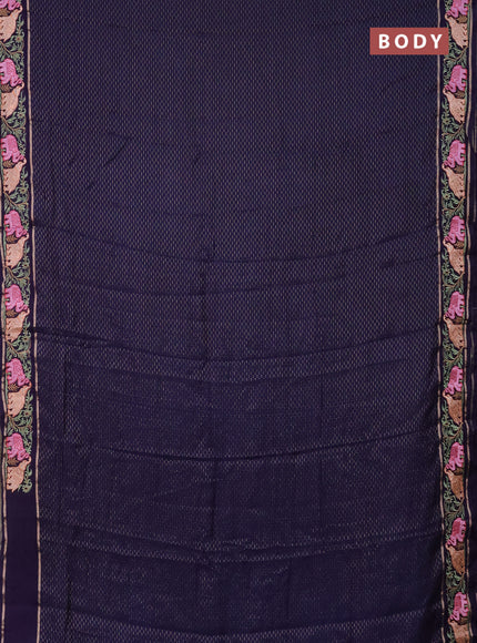 Semi chanderi saree dark blue with allover zari weaves and floral embroidery border
