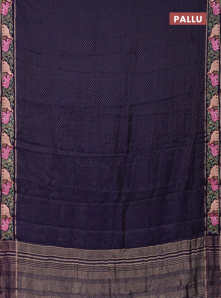 Semi chanderi saree dark blue with allover zari weaves and floral embroidery border
