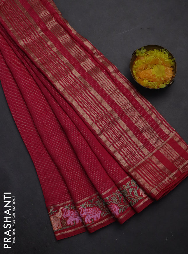Semi chanderi saree pink with allover zari weaves and floral embroidery border