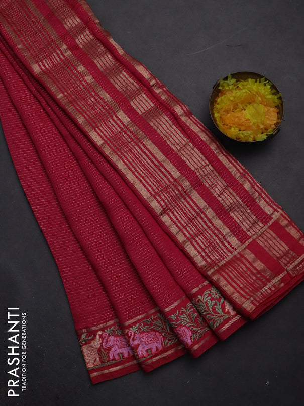 Semi chanderi saree pink with allover zari weaves and floral embroidery border