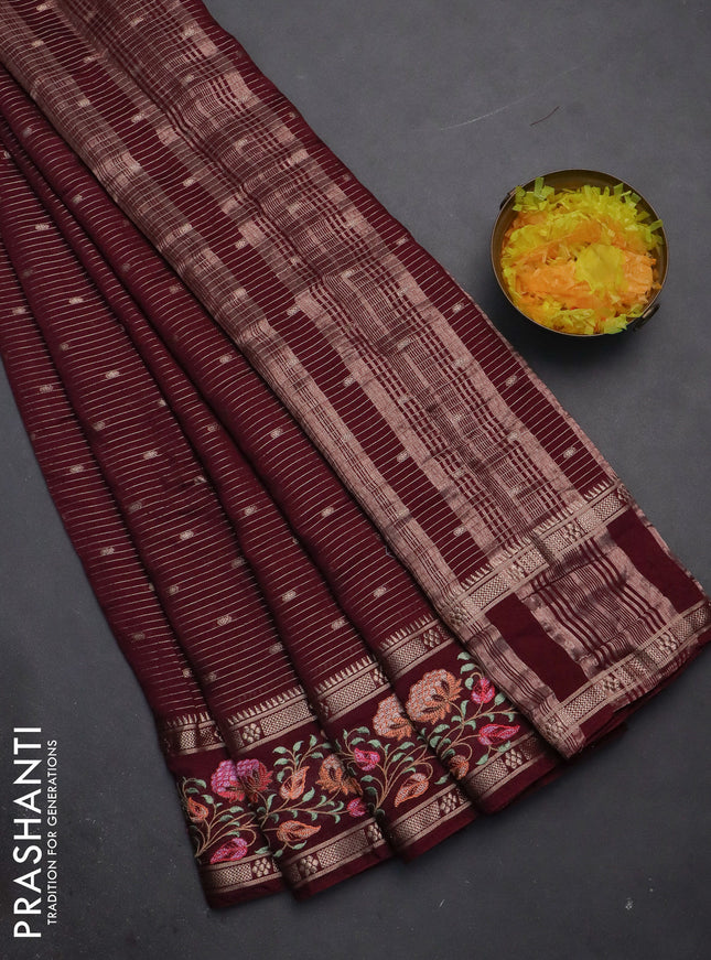Semi chanderi saree wine shade with allover zari weaves & buttas and floral embroidery border