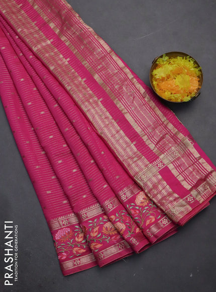 Semi chanderi saree pink with allover zari weaves & buttas and floral embroidery border