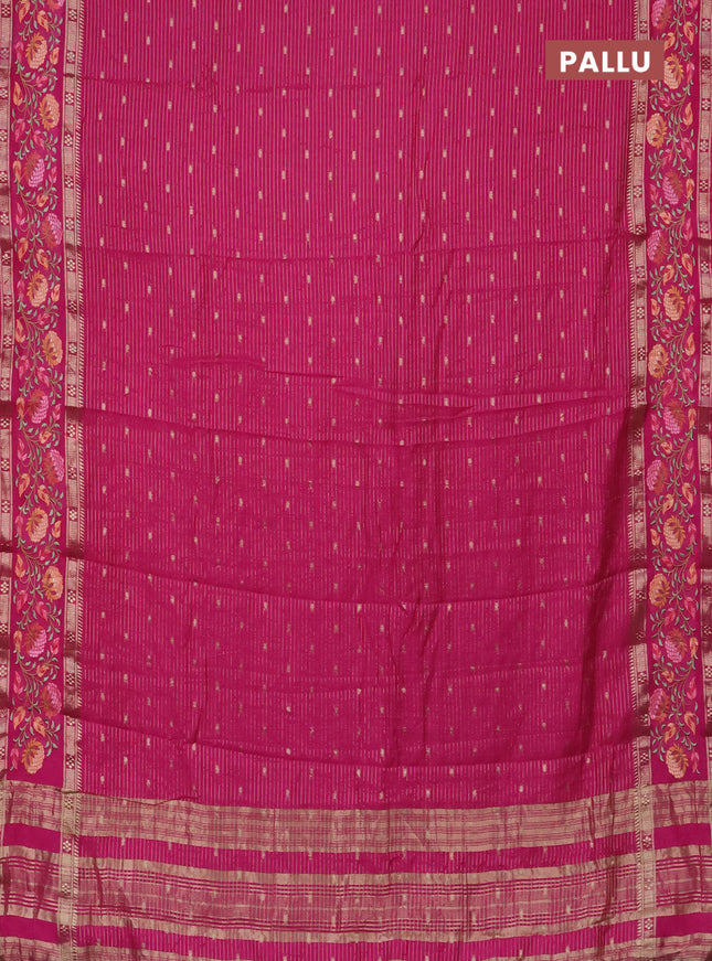 Semi chanderi saree pink with allover zari weaves & buttas and floral embroidery border
