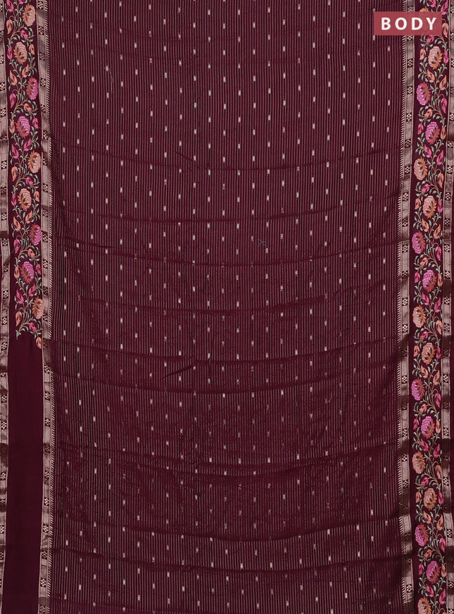 Semi chanderi saree wine shade with allover zari weaves & buttas and floral embroidery border