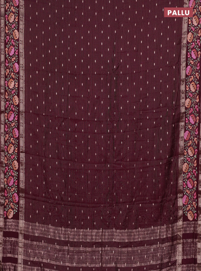 Semi chanderi saree wine shade with allover zari weaves & buttas and floral embroidery border