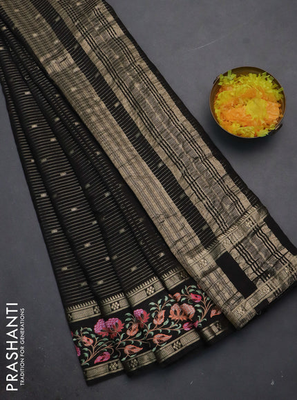 Semi chanderi saree black with allover zari weaves & buttas and floral embroidery border
