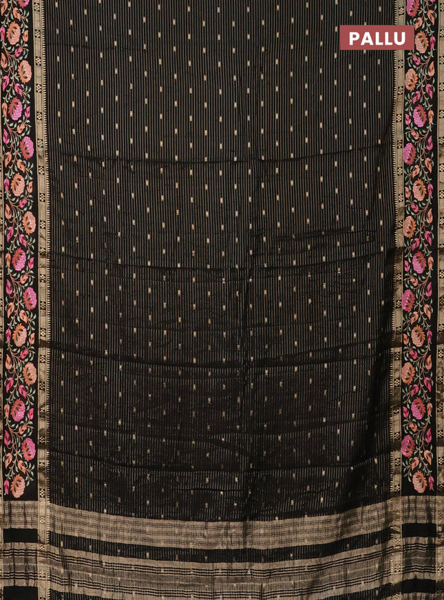 Semi chanderi saree black with allover zari weaves & buttas and floral embroidery border
