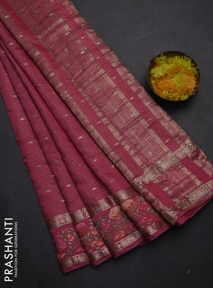 Semi chanderi saree pink shade with allover zari weaves & buttas and floral embroidery border
