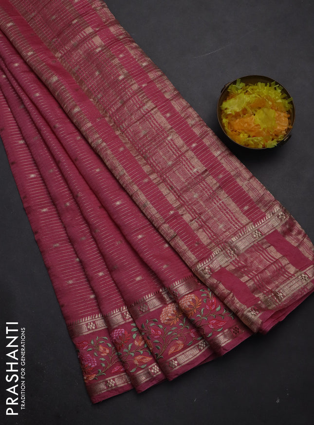 Semi chanderi saree pink shade with allover zari weaves & buttas and floral embroidery border