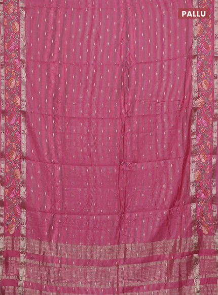 Semi chanderi saree pink shade with allover zari weaves & buttas and floral embroidery border