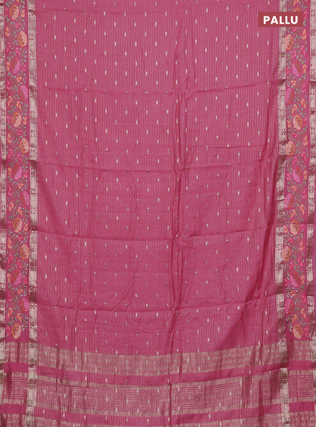Semi chanderi saree pink shade with allover zari weaves & buttas and floral embroidery border