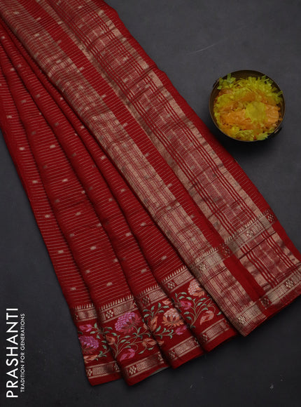 Semi chanderi saree red with allover zari weaves & buttas and floral embroidery border