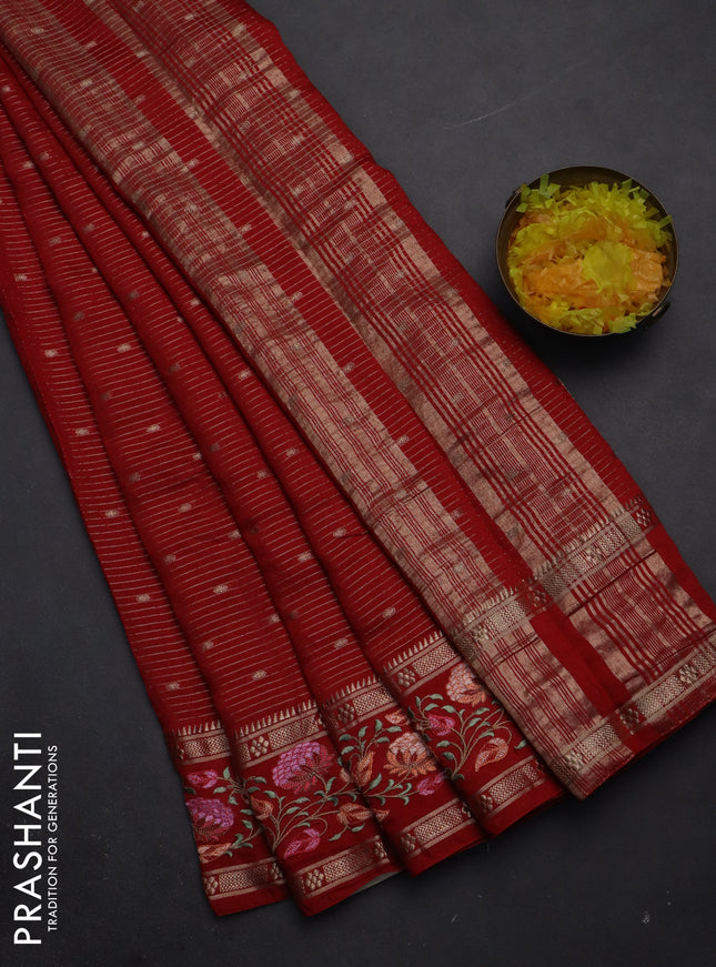 Semi chanderi saree red with allover zari weaves & buttas and floral embroidery border