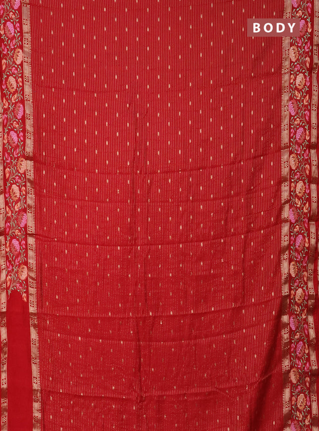 Semi chanderi saree red with allover zari weaves & buttas and floral embroidery border