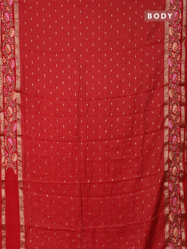 Semi chanderi saree red with allover zari weaves & buttas and floral embroidery border