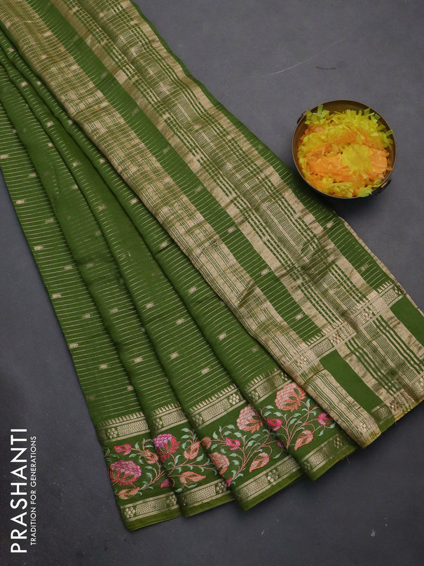 Semi chanderi saree green with allover zari weaves & buttas and floral embroidery border