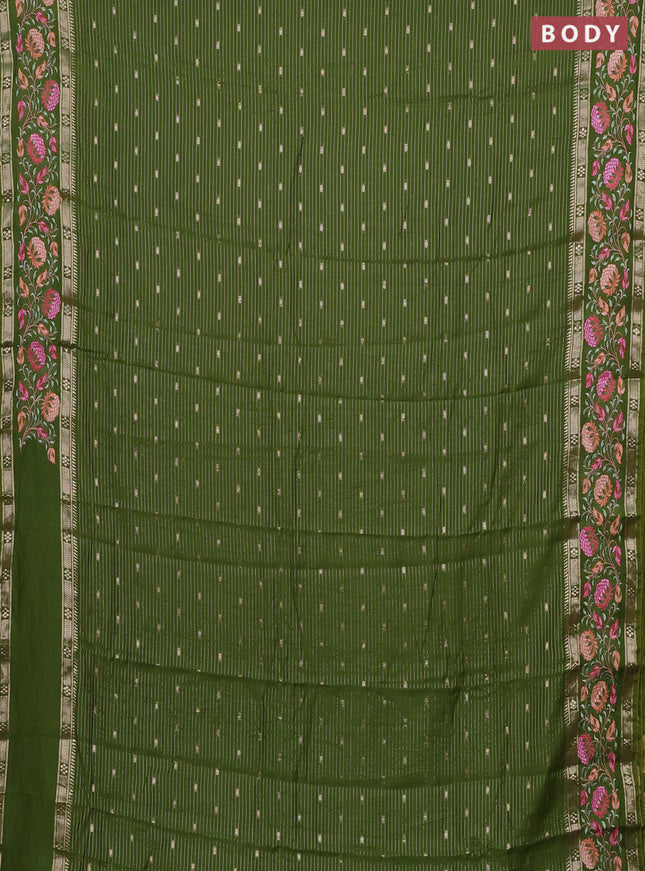 Semi chanderi saree green with allover zari weaves & buttas and floral embroidery border