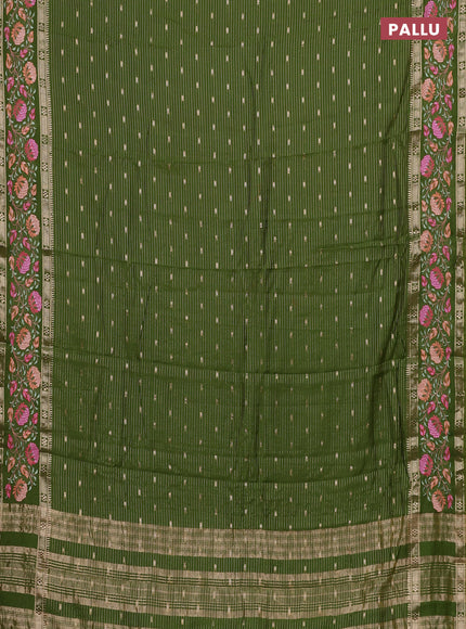 Semi chanderi saree green with allover zari weaves & buttas and floral embroidery border