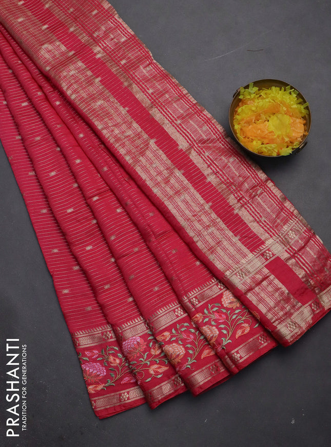 Semi chanderi saree pink with allover zari weaves & buttas and floral embroidery border