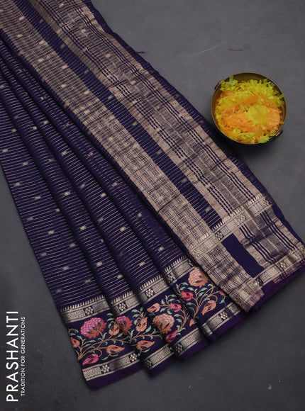 Semi chanderi saree blue with allover zari weaves & buttas and floral embroidery border